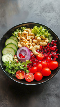 Colorful salad featuring fresh greens, cherry tomatoes, cucumber slices, red onions, cashews, and pomegranate seeds served in a dark bowl on a textured surface.の素材