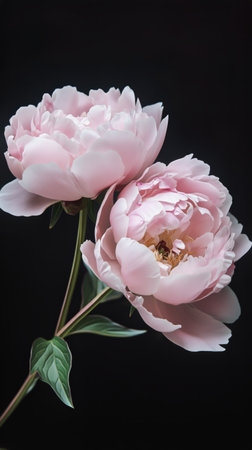 Two beautiful peonies display soft pink petals illuminated subtly against a dark background, emphasizing their elegance and delicate features in a tranquil moment.の素材