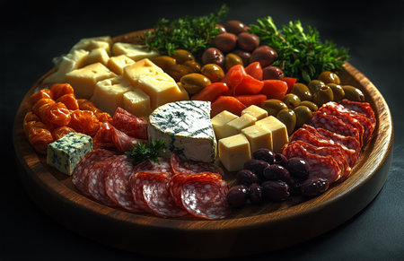 Colorful arrangement of cheeses, cured meats, olives, and tomatoes presented on a wooden board, highlighting an elegant spread perfect for gatherings or casual dining.の素材