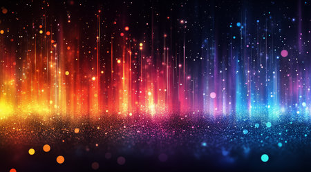 Colorful patterns and light beams create a dynamic visual effect set against a dark background, resembling sound waves and stars in the nighttime sky.の素材