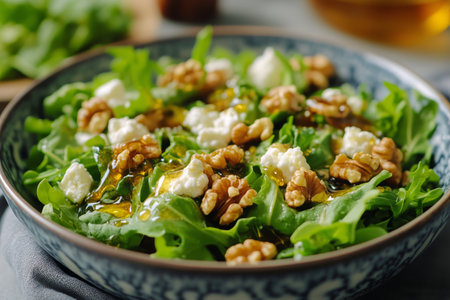 Delicious grilled scallops served on a bed of fresh arugula, topped with pecans and cheese, creating a vibrant dish perfect for a tasteful lunch or dinner setting.の素材