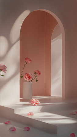Delicate pink roses rest on a round marble surface with warm, soft lighting accentuating their beauty and gentle shadows in a serene setting.の素材