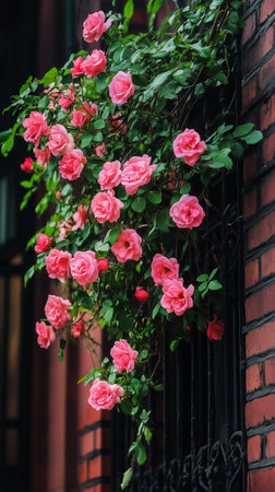 Vibrant pink roses cascade down a brick wall, showing natures beauty in an urban setting during spring. Green leaves complement the colorful flowers adorning the architecture.の素材
