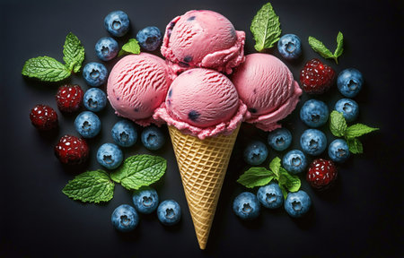 A waffle cone holds three scoops of raspberry sorbet, beautifully displayed with fresh blueberries and mint leaves for an enticing dessert composition.の素材