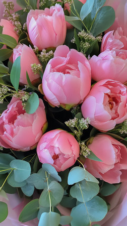 A stunning arrangement of pink peonies and eucalyptus leaves showcases natural beauty. The bouquet is perfect for celebrations, weddings, or as a thoughtful gift.の素材
