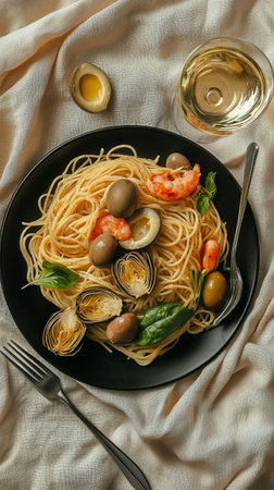 Spaghetti is topped with olives, mushrooms, and greens on a black plate, accompanied by a glass of white wine on a beige cloth surface.の素材