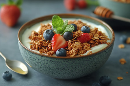 A beautifully arranged bowl of granola sits on a dark countertop, topped with blueberries, strawberries, and a touch of mint. A spoon nearby hints at a delightful breakfast.の素材