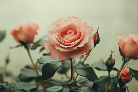 Peach roses are in full bloom, showcasing delicate petals and vibrant green leaves, creating a serene atmosphere in a spring garden.の素材