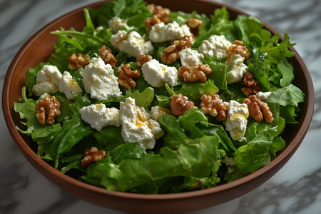 Delicious grilled scallops served on a bed of fresh arugula, topped with pecans and cheese, creating a vibrant dish perfect for a tasteful lunch or dinner setting.の素材