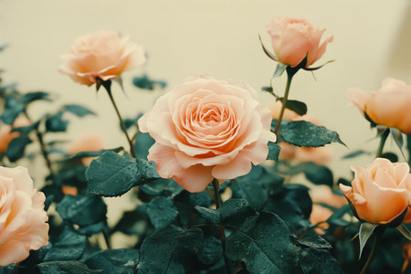 Peach roses are in full bloom, showcasing delicate petals and vibrant green leaves, creating a serene atmosphere in a spring garden.の素材