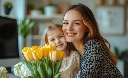 A mother and her young daughter are smiling happily while embracing each other in a warm, inviting indoor space filled with yellow flowers.の素材