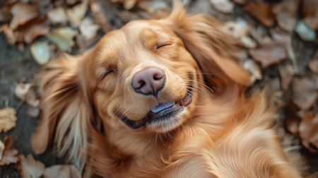 A golden retriever relaxes and smiles while lying on a bed of colorful autumn leaves in a sunlit outdoor setting. The scene conveys joy and tranquility in nature.の素材