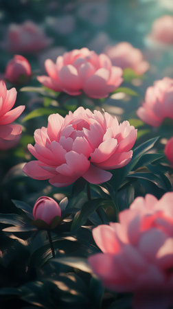 Lush pink peonies blossom vibrantly in a garden, surrounded by green foliage on a sunny afternoon in spring. Their delicate petals catch the light, enhancing their beauty.の素材