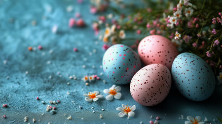 Four speckled Easter eggs in pastel colors rest on a blue surface, surrounded by small flowers and decorative elements, creating a festive atmosphere for spring celebrations.の素材
