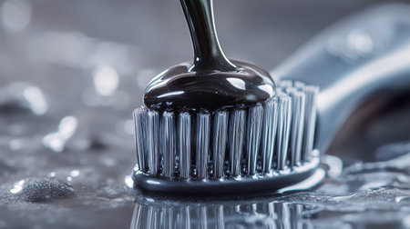 Charcoal toothpaste flows onto a black bristle toothbrush resting on a textured gray surface. The contrast highlights the products rich, dark color and glossy texture.の素材
