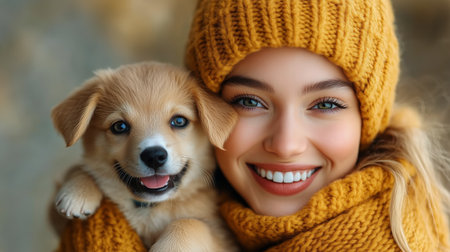 A joyful woman wearing a yellow knitted hat and scarf embraces her corgi. They enjoy a warm autumn day in the park surrounded by trees and soft sunlight.の素材