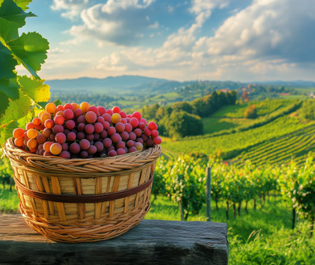A basket filled with ripe grapes sits on a wooden fence in a picturesque vineyard. Lush green hills and distant mountains create a serene atmosphere, showcasing the beauty of nature.の素材