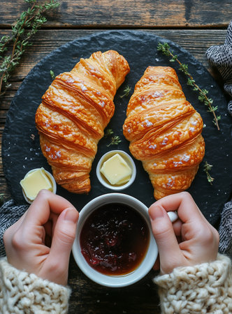 Freshly baked croissants are served on a dark alongside plate butter and jam. Hands warmly hold a bowl, ready to enjoy these delicious pastries in a cozy setting.の素材