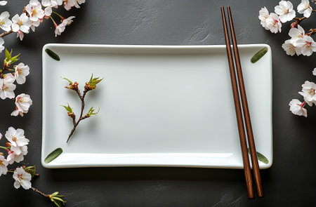 Chopsticks rest on a sleek white plate beside a small green treat, with delicate cherry blossom branches enhancing the minimalist display, creating an elegant dining atmosphere.の素材