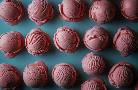 Delicate scoops of pink ice cream are perfectly arranged on a soothing light blue surface, creating an inviting dessert display ideal for summer gatherings or celebrations.の素材