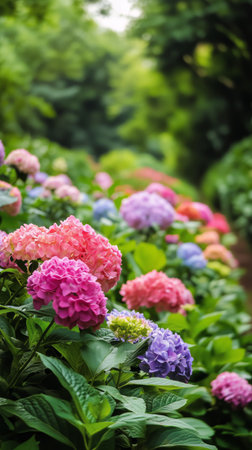 Colorful hydrangea flowers in shades of pink and blue flourish in a lush garden, bathed in warm golden light during late afternoon, creating a peaceful and inviting atmosphere.の素材
