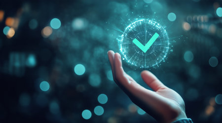 A hand holds a glowing holographic checkmark against a backdrop of illuminated data grids, indicating approval or confirmation in a tech-focused atmosphere.の素材