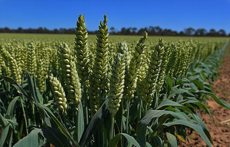 Bright green wheat plants stretch towards a clear blue sky in a rural field. This expansive landscape showcases abundant agricultural growth during a sunny day.の素材