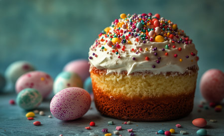 A vibrant cupcake topped with fluffy frosting and colorful sprinkles stands proudly.の素材