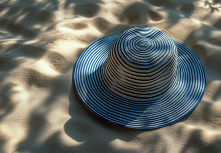 A striped sun hat is placed on soft, warm sand under bright sunshine, creating a relaxed beach atmosphere perfect for leisure and enjoyment.の素材