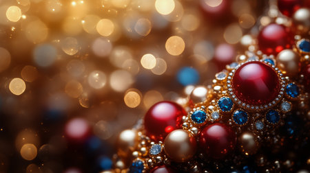Sparkling jewels in various colors capture light beautifully. Red gems, blue stones, and pearls are arranged artistically, creating a rich and vibrant display that dazzles the viewer.の素材