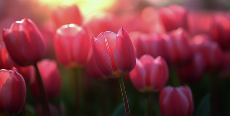 A vibrant display of pink tulips fills the vibrant garden, showing their delicate petals. The background features colorful bokeh brightening the lively atmosphere of springtime.の素材