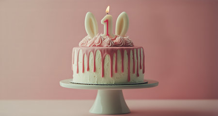 A one-year-old birthday cake stands proudly with pink frosting and a drip effect. Soft pink decor and a bunny figurine create a festive atmosphere for the celebration.の素材