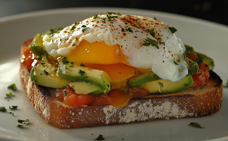A beautifully plated slice of toasted bread topped with creamy avocado, a perfectly cooked sunny-side-up egg, and sprinkled with fresh herbs. Ideal for breakfast or brunch.の素材