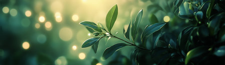 Lush green leaves are bathed in warm sunlight, creating a serene atmosphere in a peaceful garden during the early morning hours.の素材