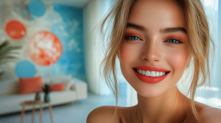 A young woman with curly hair and colorful glasses smiles warmly near a window. The soft light highlights her vibrant outfit and enhances her captivating features.の素材
