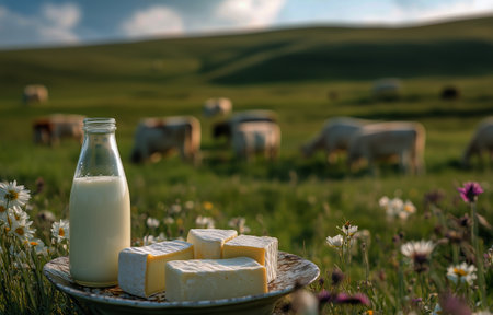 A bottle of milk and fresh cheese sits on a plate in a vibrant meadow. Grazing cows can be seen in the background under a beautiful sky, showcasing an idyllic rural setting.の素材