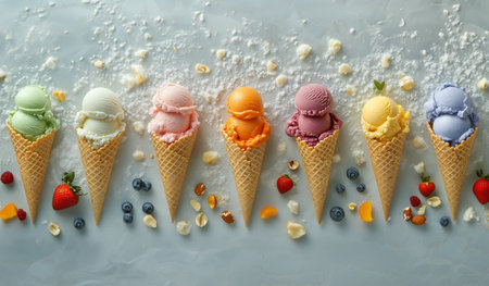 Eight vibrant ice cream cones are artistically arranged on a neutral background. Each cone displays a different flavor, surrounded by fresh fruits and nuts, creating a festive atmosphere.の素材