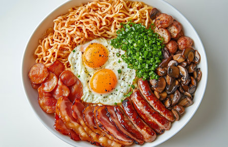 A hearty breakfast is served featuring three fried eggs, crispy bacon, flavorful sausage, and sauted mushrooms. This meal is prepared in a restaurant setting.の素材