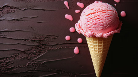 A pink scoop of ice cream sits atop a waffle cone, with chocolate splatters surrounding it. The rich dark chocolate background emphasizes the desserts vibrant color.の素材