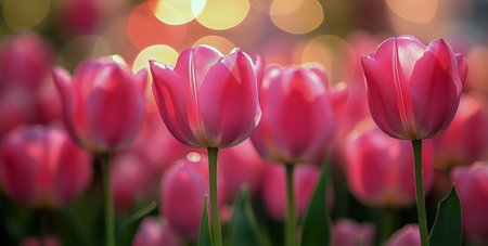A vibrant display of pink tulips fills the vibrant garden, showing their delicate petals. The background features colorful bokeh brightening the lively atmosphere of springtime.の素材