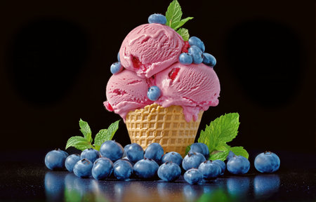 A waffle cone holds three scoops of raspberry sorbet, beautifully displayed with fresh blueberries and mint leaves for an enticing dessert composition.の素材