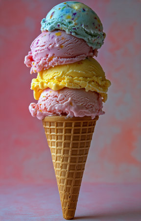 A tall ice cream cone holds three scoops of vibrant flavors, including pink, yellow, and blue.の素材