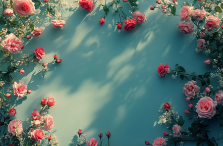 Pink roses and small berries create an elegant arrangement against a soft blue background, suitable for decoration or design purposes, showing natural beauty and color harmony.の素材