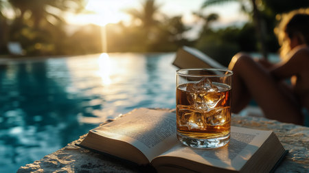 A glass of whiskey with ice sits on an open book beside a serene pool. In the background, a person enjoys the peaceful sunset, surrounded by tropical vegetation.の素材