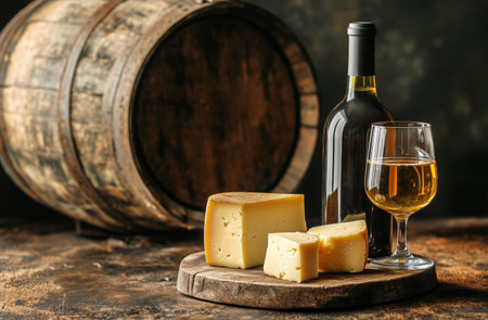 A bottle of wine and a glass filled with golden liquid sit beside various types of cheese on a round wooden board, with a rustic barrel providing a warm backdrop.の素材