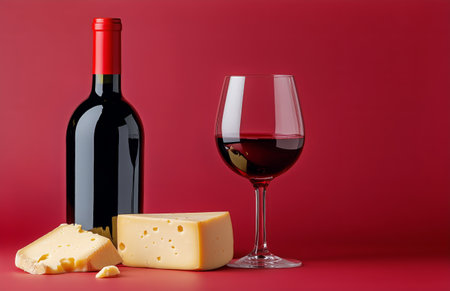 A bottle of red wine sits next to a filled glass and a block of cheese. The vibrant red background enhances the rich colors, inviting enjoyment of this classic pairing.の素材