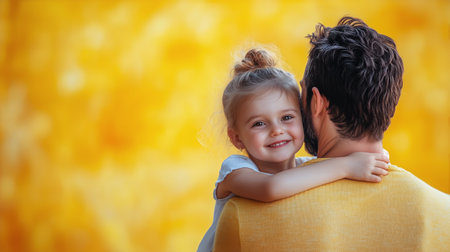 A young girl smiles brightly while hugging her father from behind. They are outdoors bathed in warm sunlight, surrounded by a soft, golden-yellow backdrop creating a cheerful atmosphere.の素材