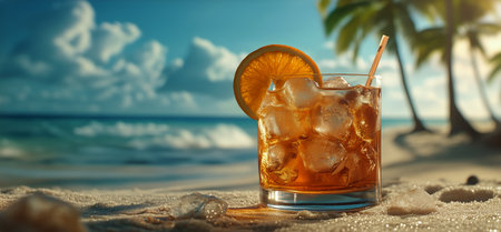 A tropical drink sits on a sandy beach, surrounded by ice cubes and garnished with an orange slice. Waves gently roll in nearby under a vibrant blue sky filled with clouds.の素材