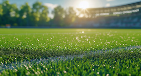 Morning light glimmers on the wet grass of a soccer field in a quiet park. The atmosphere is calm and inviting, with trees surrounding the area.の素材