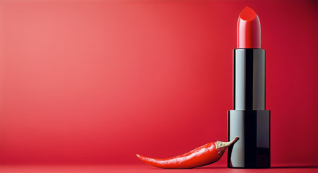 A striking red lipstick stands upright beside a bright chili pepper against a smooth red backdrop, creating an eye-catching display of color and contrast.の素材